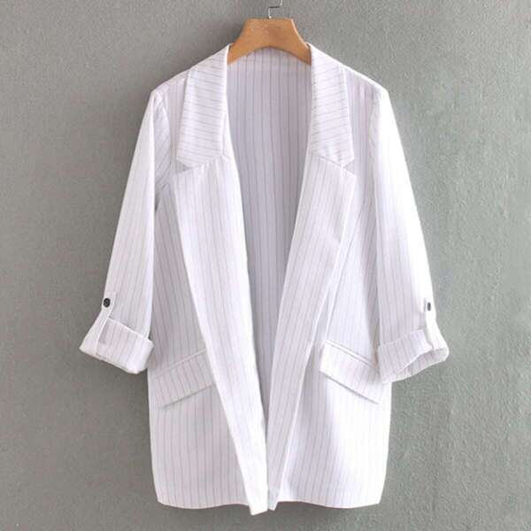 

Striped Lapel Neck Roll Tab Sleeve Blazer, White