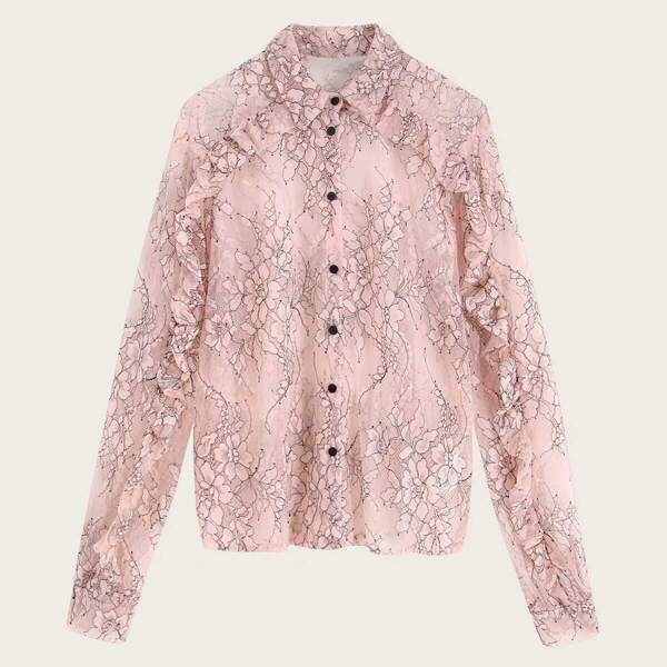 

Floral Print Frill Trim Button Through Lace Blouse