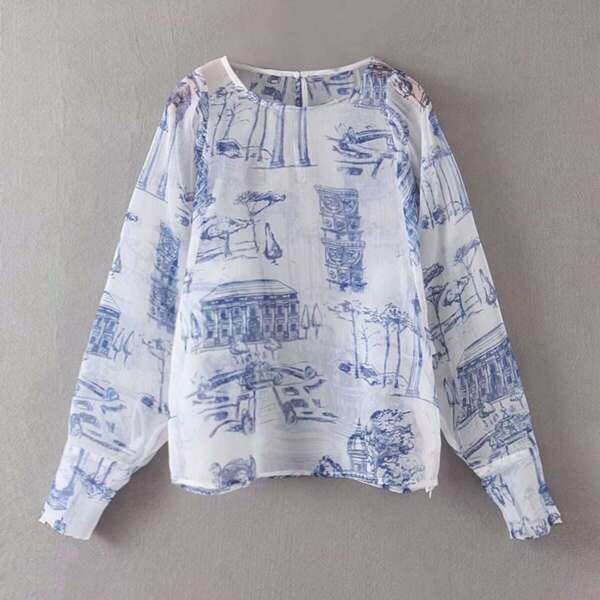

Landscape Print Round Neck Mesh Blouse