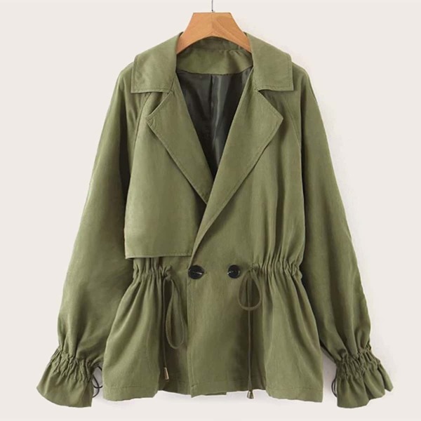 

Drawstring Button Detail Flounce Sleeve Trench Coat, Army green
