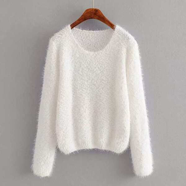 

Solid Fuzzy Mohair Sweater, White