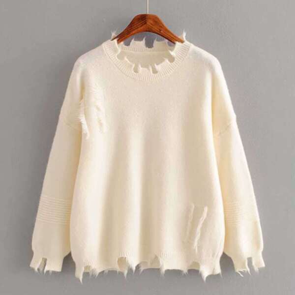 

Drop Shoulder Frayed Trim Sweater