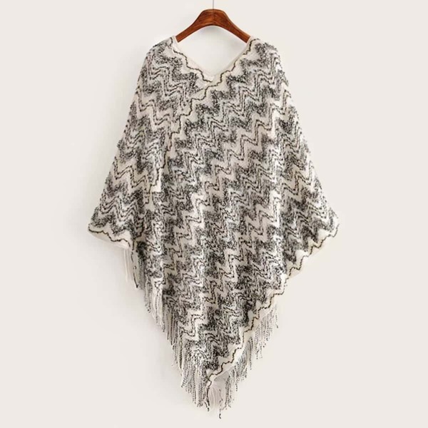 

V-neck Fringe Hem Poncho Sweater