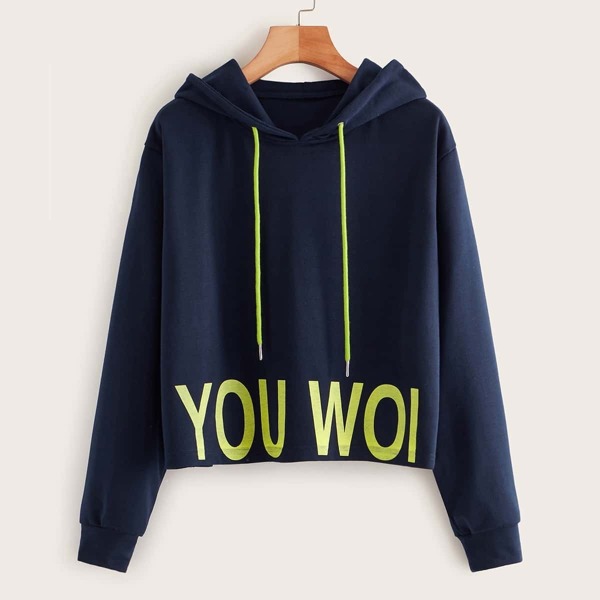 

Letter Print Drawstring Hooded Sweatshirt