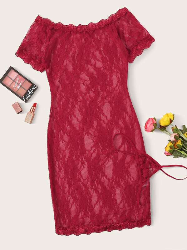 

Floral Lace Bardot Dress With Thong, Burgundy
