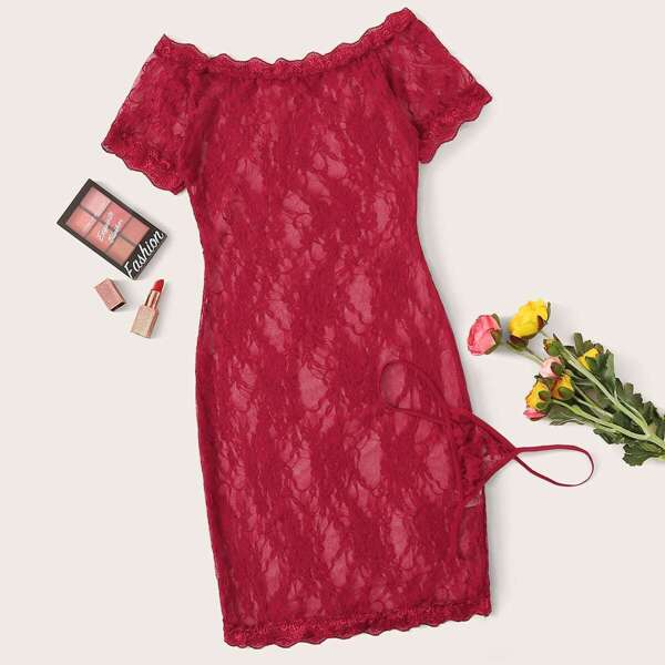 

Floral Lace Bardot Dress With Thong, Burgundy
