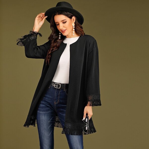

Open Front Fringe Hem Coat, Black