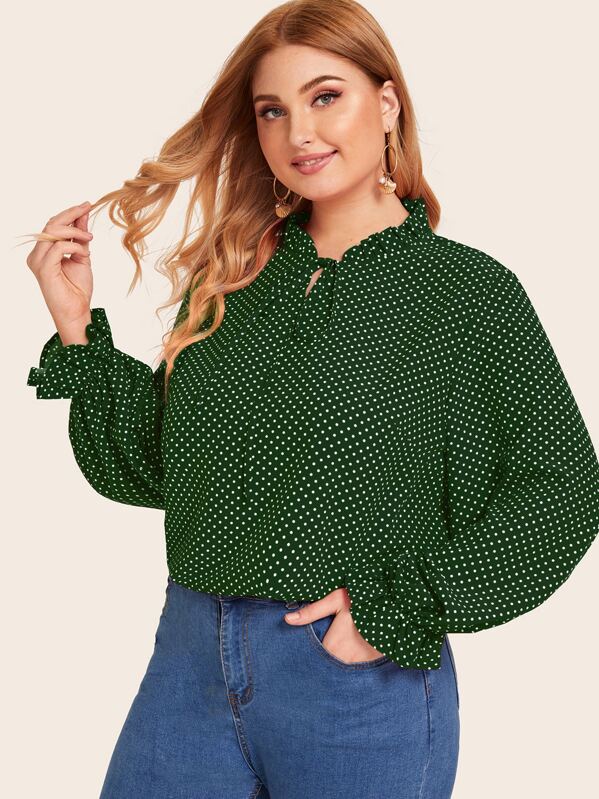 

Plus Polka Dot Frill Neck Blouse, Green, Nora