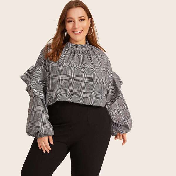 

Plus Plaid Mock Neck Ruffle Trim Blouse, Grey
