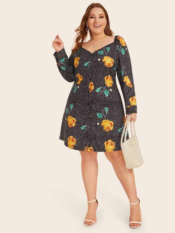 

Plus Polka Dot & Floral Print Sweetheart Dress, Multicolor, Ray