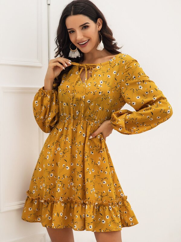 

Floral Print Tie Front Ruffle Hem Dress, Yellow, Juliana