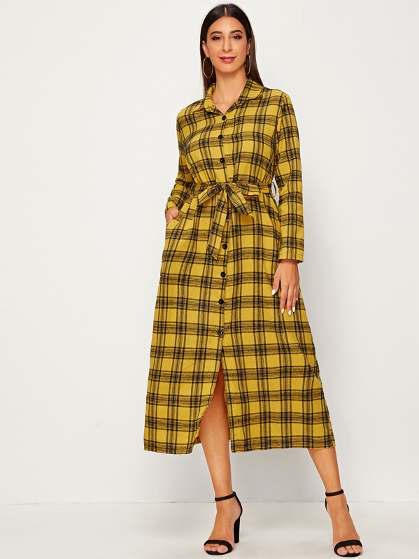 

Plaid Print Belted Shirt Dress, Yellow