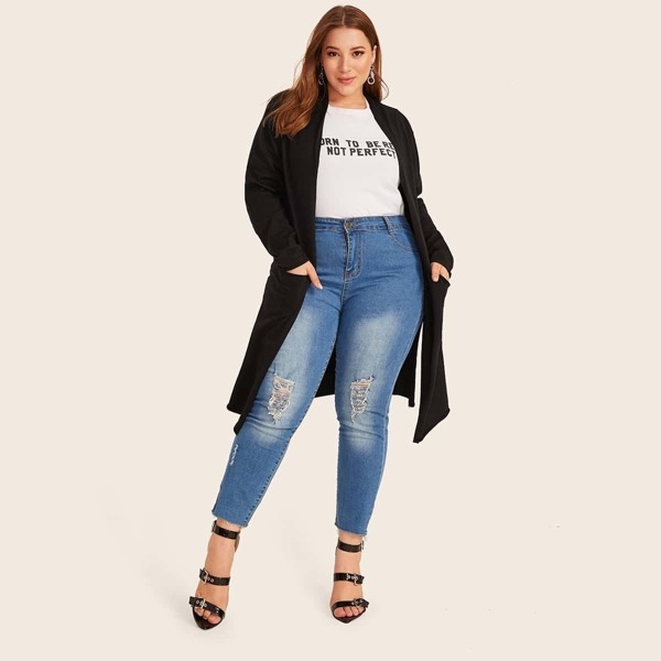 

Plus Open Front Split Side Dual Pocket Cardigan, Black