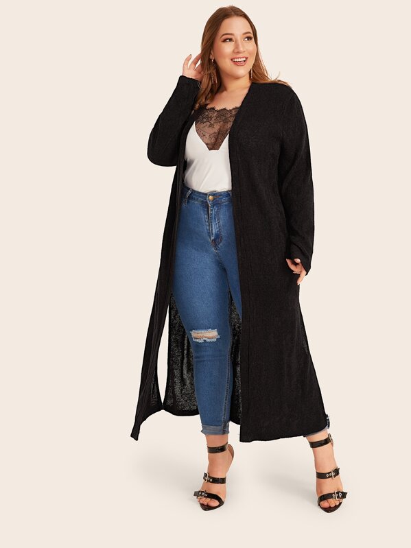 

Plus Solid Split Side Maxi Cardigan, Black, Ray