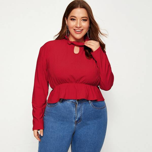 

Plus Ribbed Cut Out Frill Neck Peplum Sweater, Red