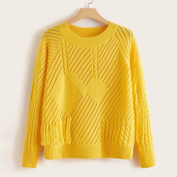 

Plus Pointelle Knit Fringe Detail Sweater, Yellow bright
