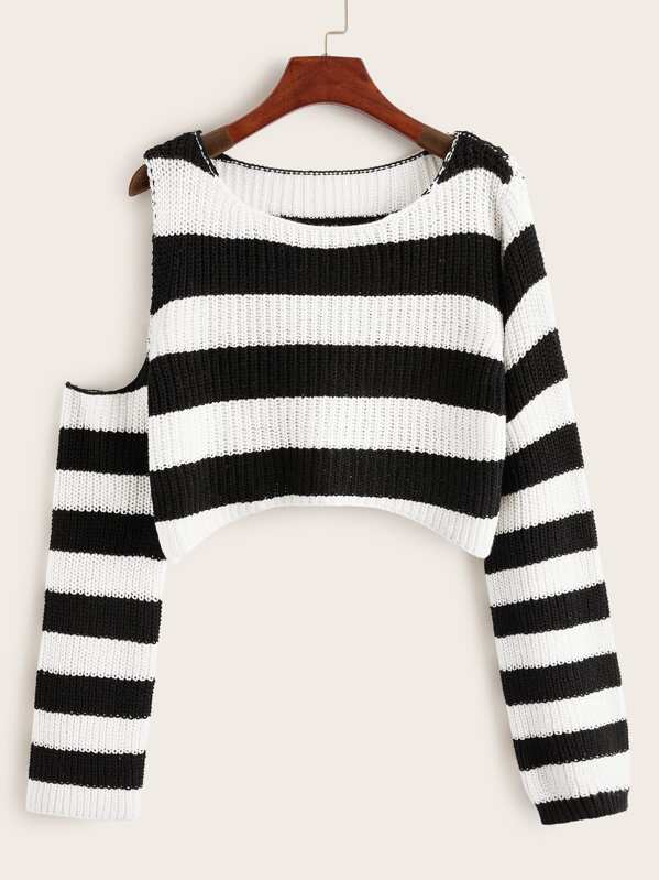 

Striped Open Shoulder Crop Sweater, Black and white