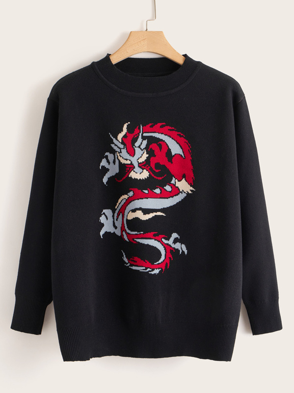 

Plus Dragon Pattern Long Sleeve Sweater, Black