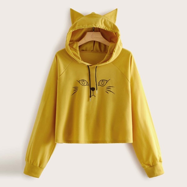 Plus Cat Print Drawstring Hoodie With Cat Ear, Yellow