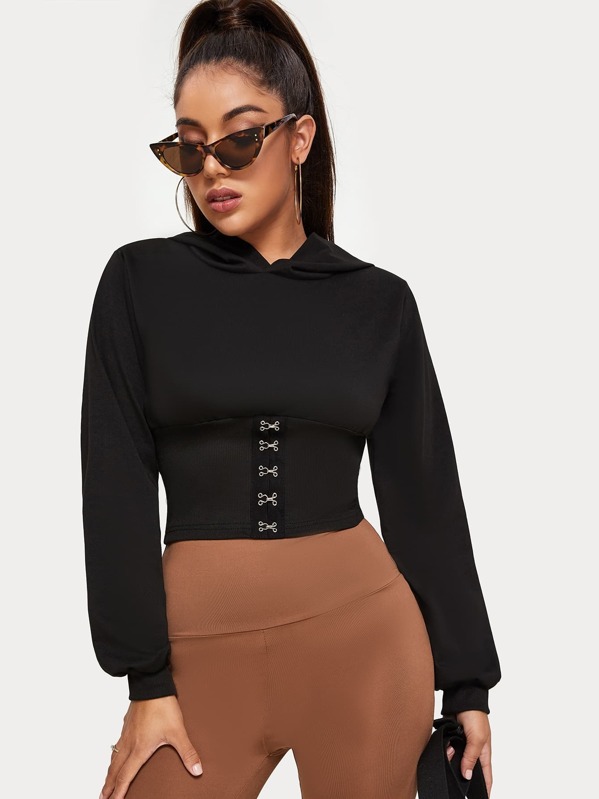 

Solid Hook and Eye Detail Hoodie, Black, Lucia