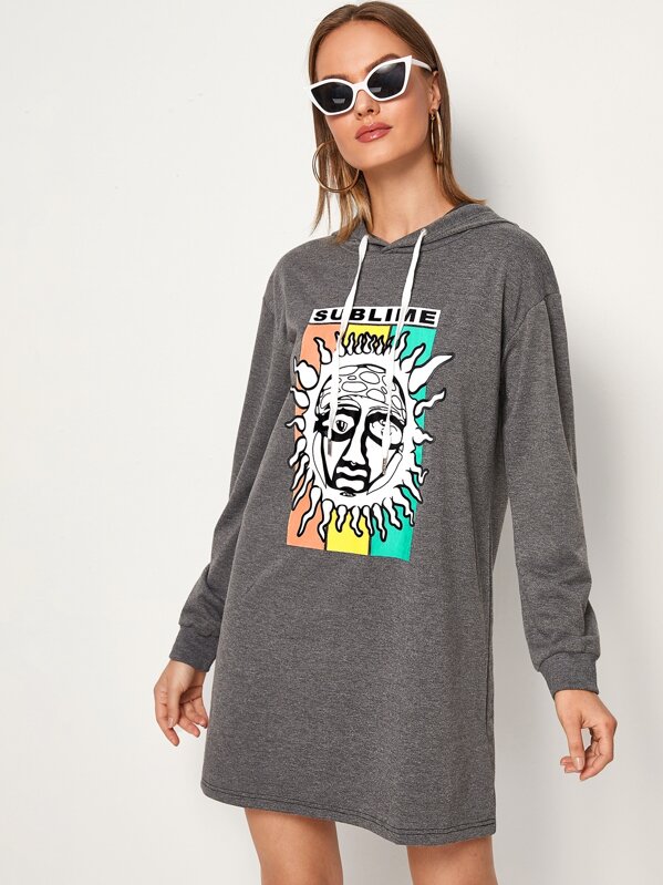 

Sun Graphic Drop Shoulder Hooded Sweatshirt Dress, Grey, Rasa