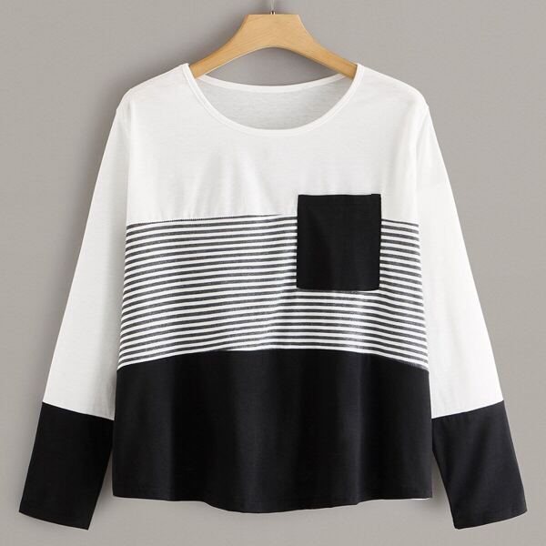 

Plus Colorblock Striped Pocket Patched Tee, Black and white
