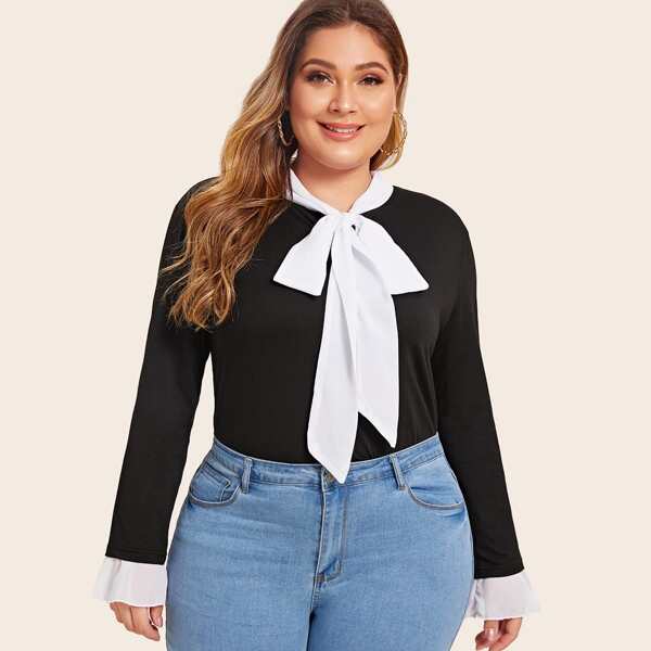 

Plus Tie Neck Flounce Sleeve Top, Black