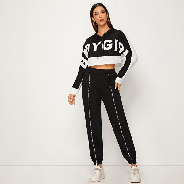 

Letter Graphic Colorblock Hoodie & Joggers Set, Black and white