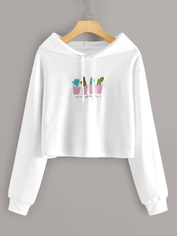 

Cactus Print Drop Shoulder Drawstring Hoodie, White