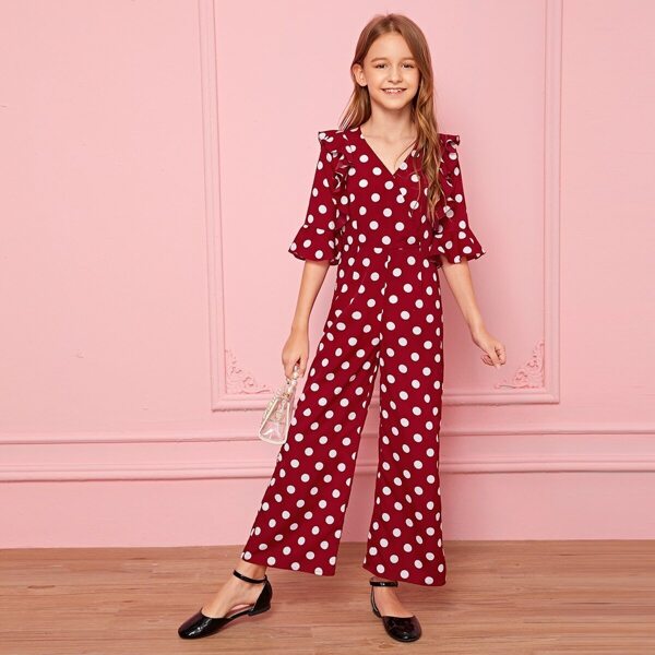

Girls Ruffle Trim Wide Leg Polka Dot Jumpsuit, Burgundy
