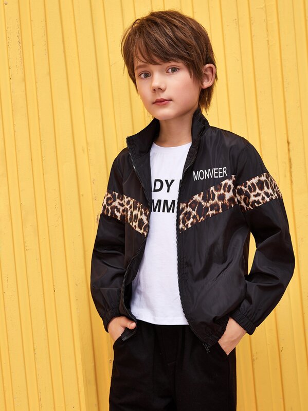 

Boys Letter and Leopard Zip Up Windbreaker Jacket, Black, Bogdan