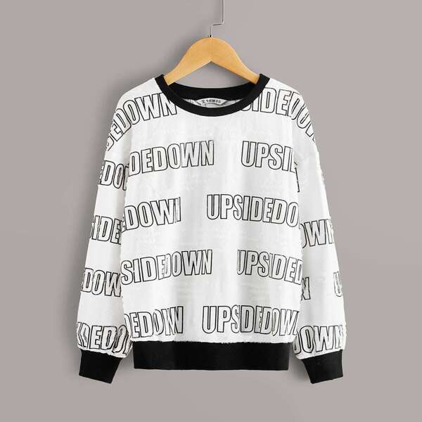 

Girls Letter Print Fuzzy Pullover, White