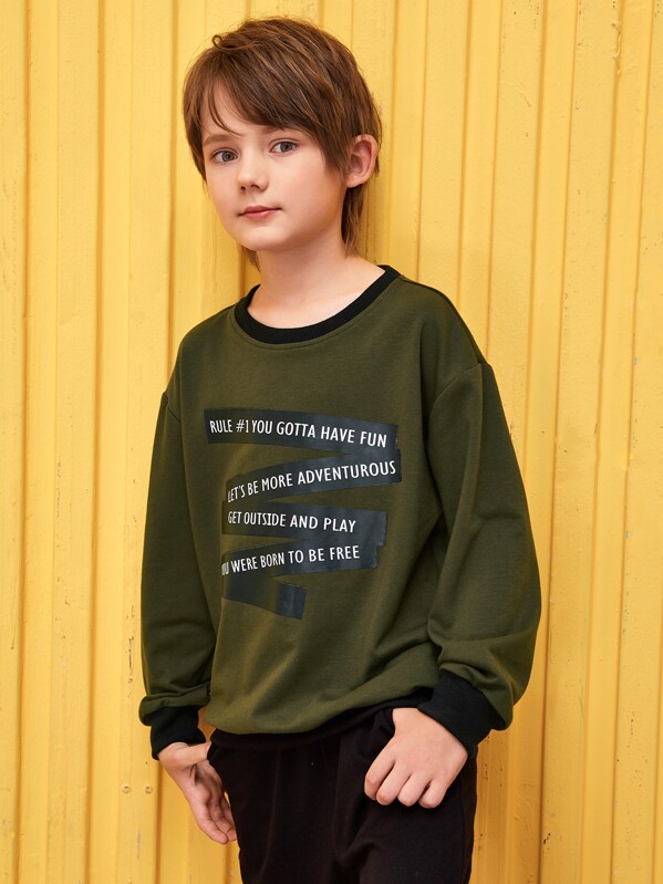 

Boys Drop Shoulder Slogan Graphic Pullover, Army green, Bogdan