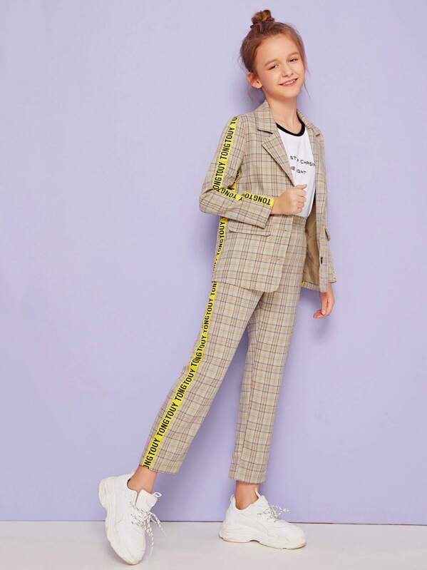 

Girls Slogan Tape Sleeve Tartan Print Blazer and Pants Set, Khaki, Sashab