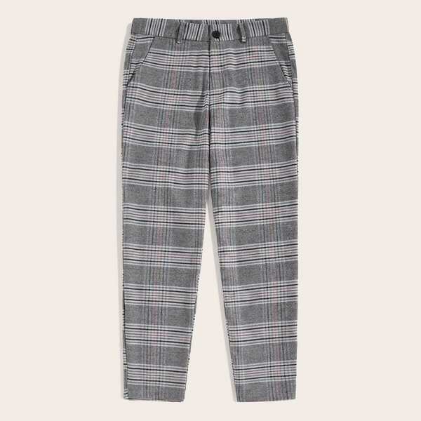 

Men Button Fly Slant Pocket Plaid Pants, Grey