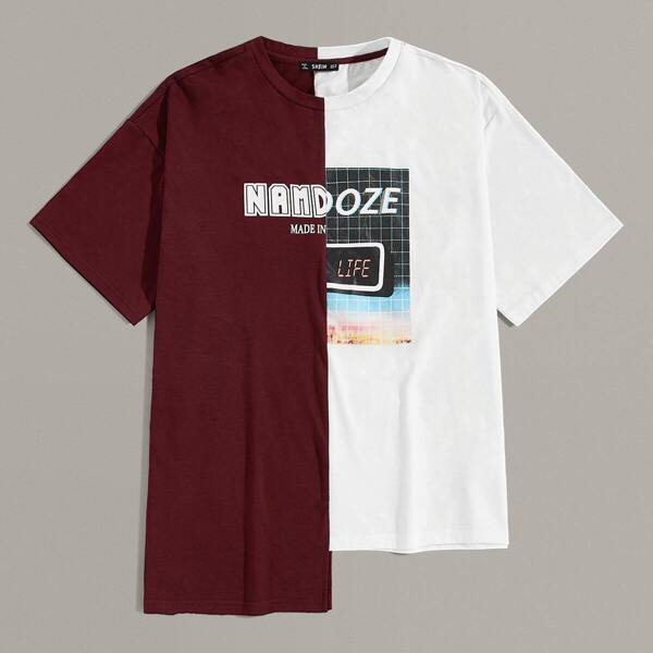 

Men Mixed Print Two Tone Stepped Hem Tee, Multicolor