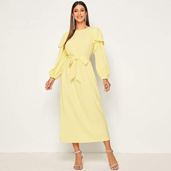 

Bishop Sleeve Ruffle Trim Belted Dress, Yellow pastel