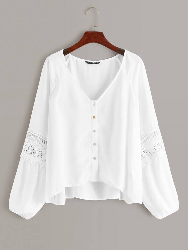 

Guipure Lace Insert Raglan Bishop Sleeve Shirt, White, Carol A