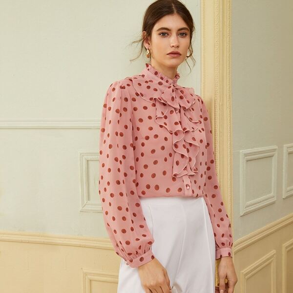 

Frill Neck Jabot Collar Polka-dot Shirt, Pink pastel