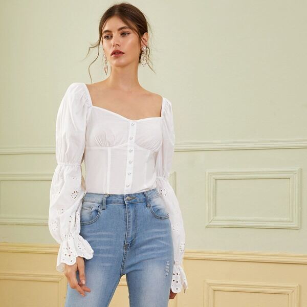 

Sweetheart Neck Embroidered Eyelet Panel Bustier Top