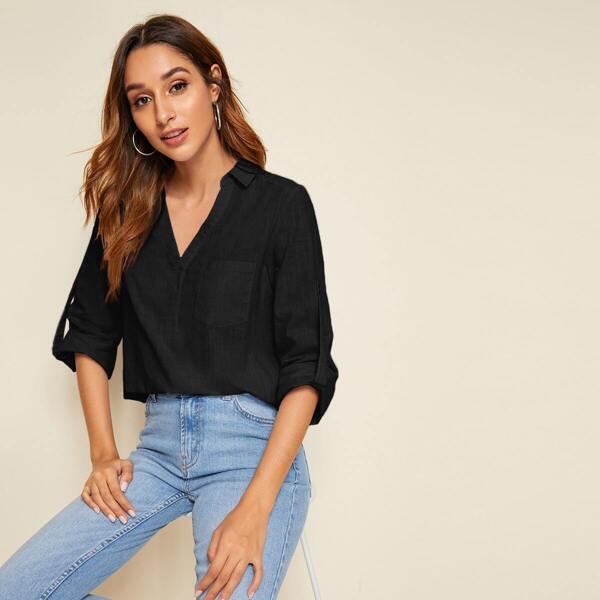Collared Pocket Patched Roll Tab Sleeve Top, Black