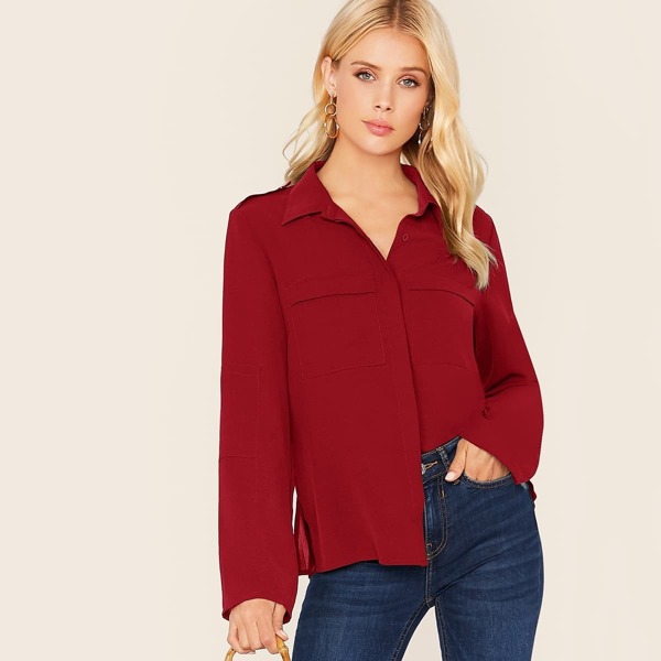 

Flap Pocket Button Front Blouse, Burgundy