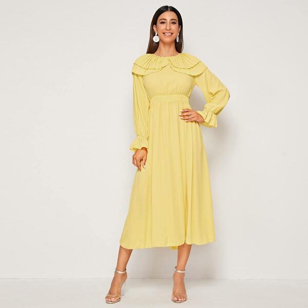 

Double Layer Pleated Ruffle Trim Lantern Sleeve Dress, Yellow bright
