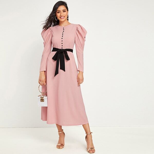 

Button Front Gigot Sleeve Belted Dress, Pink pastel