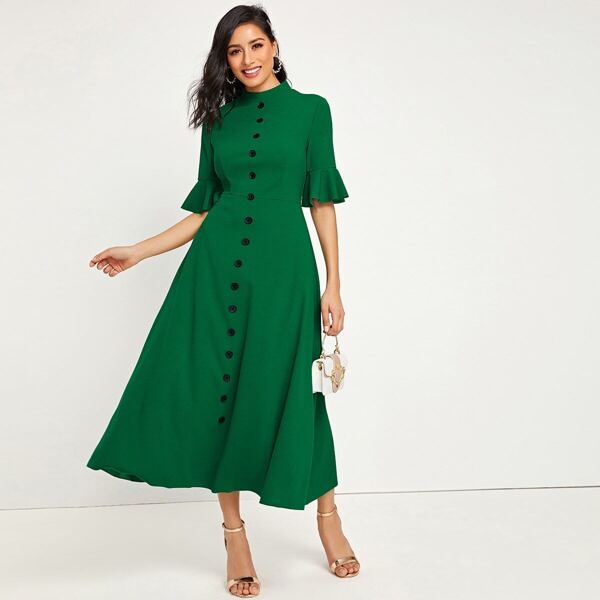 

Mock-Neck Buttoned Front Flounce Sleeve Dress, Green bright