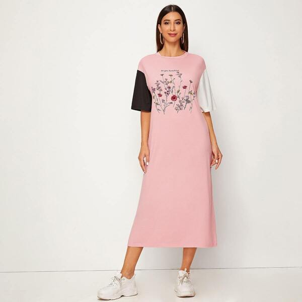 

Flower Print Color-block T-shirt Dress, Pink pastel