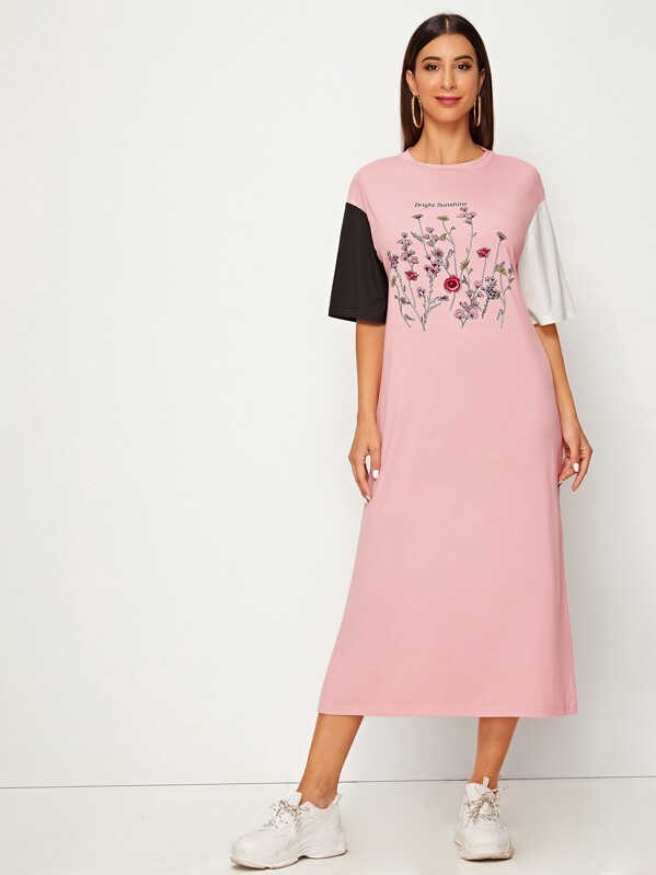 

Flower Print Color-block T-shirt Dress, Pink, Gabe