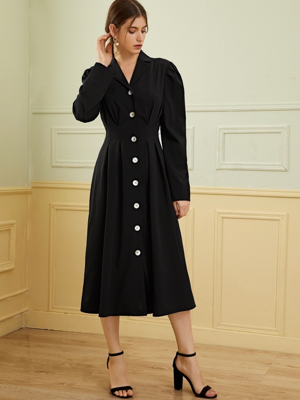

Notched Collar Puff Sleeve Button Front Dress, Black, Mila