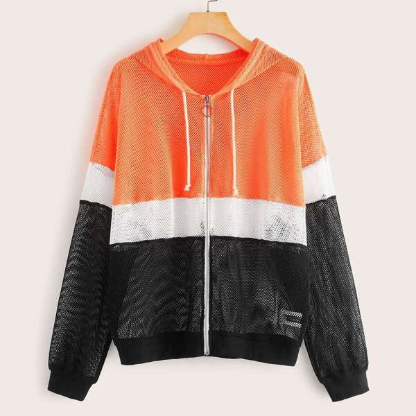 

Neon Orange Cut-and-sew Mesh Jacket, Multicolor