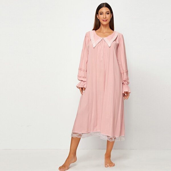 

Flounce Sleeve Lace Trim Frilled Nightdress, Pink pastel